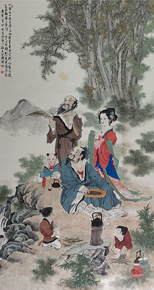 高健林  《秋山茗茶图》  规格：180×90cm  庚寅仲秋